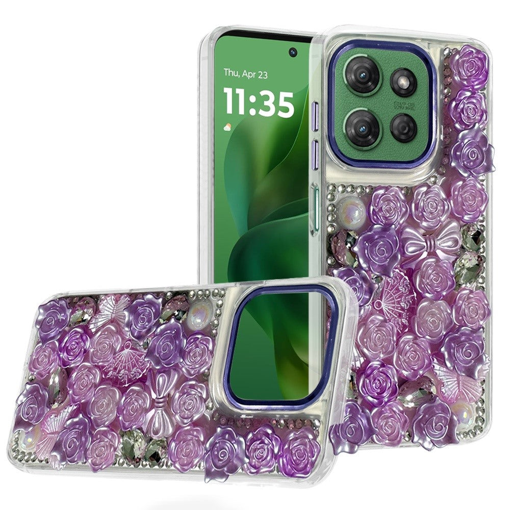 For Motorola Moto G Power 5G 2026 /2025 3D Diamond Floral Roses Flower Bling Stone Hybrid, Sparkly Rhinestone Gemstone Back Shockproof Case Cover