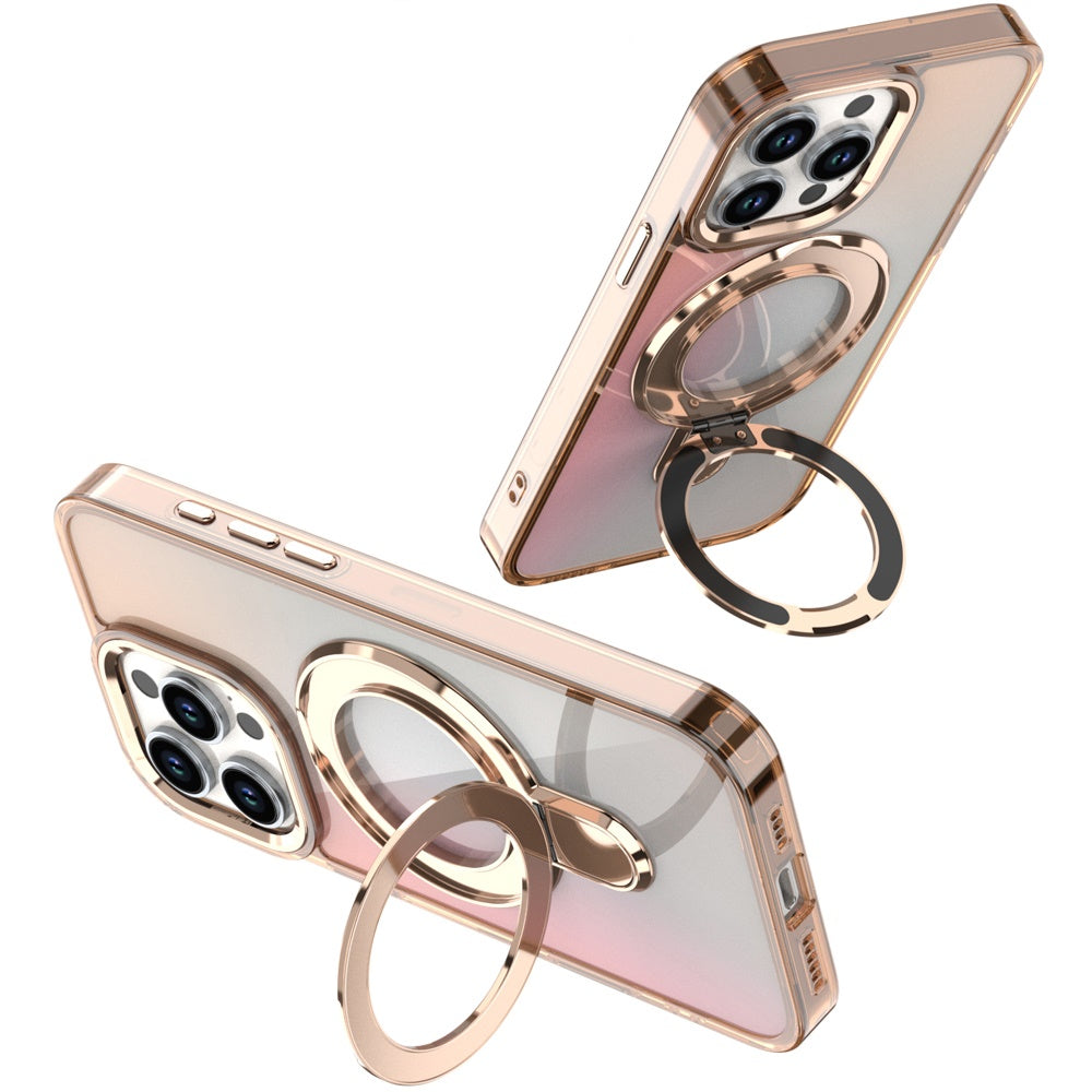 For Apple iPhone 15 Pro Max Chrome Hybrid with Rotating Magnetic Circle Ring Stand, Slim Shockproof Hybrid Case Cover