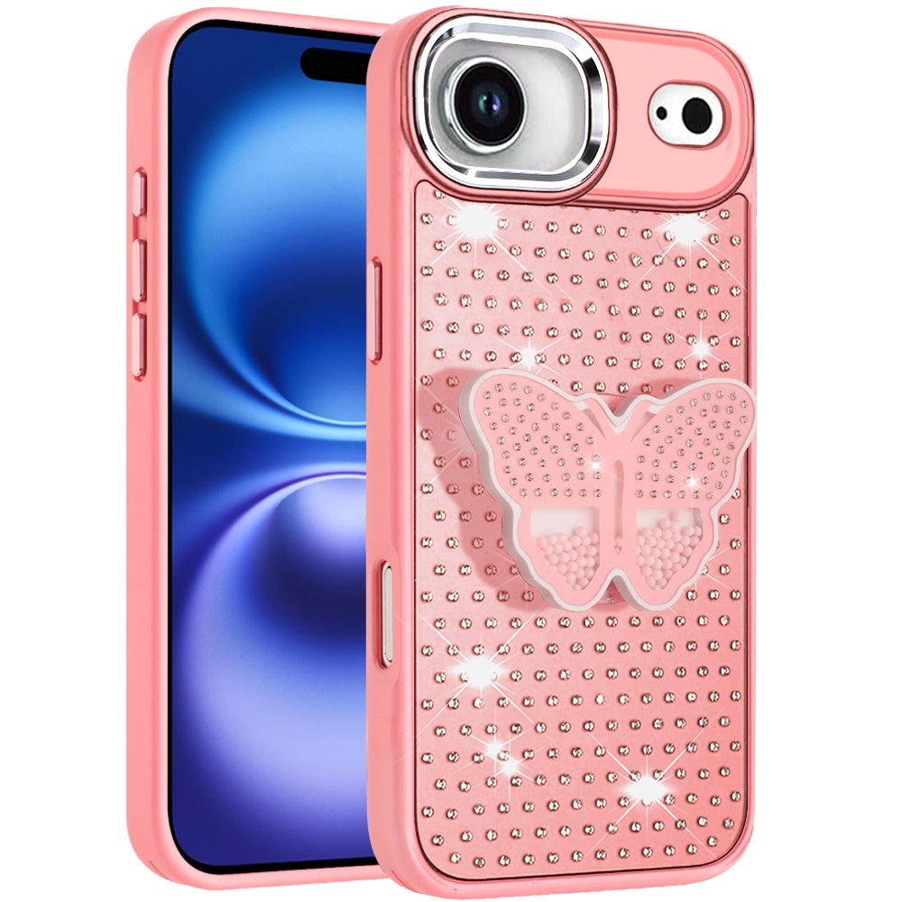 For Apple iPhone 17 Air (6.6") Butterfly Moveable Grip 3D Pop Stand Full Diamond Bling Sparkling TPU Fashion Hybrid Case Cover