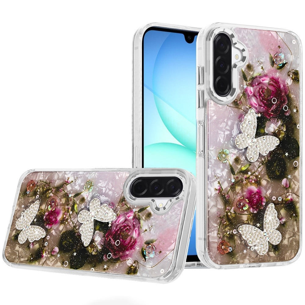 Phone Case for Galaxy A17 5G Glitter Butterfly Design Metal Buttons Shockproof Hybrid TPU + PC Durable Protective Slim Grip Stylish Cover Gold