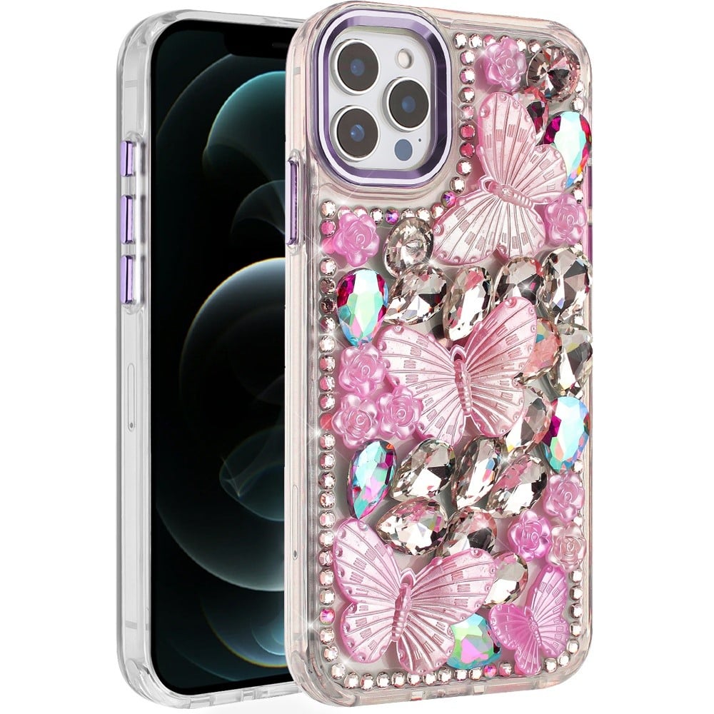 Phone Case for Apple iPhone 12 Pro Max Luxury 3D Floral Butterfly Bling Rhinestone Glitter Shockproof Stylish Protective Hybrid Designer Metallic Cover Purple