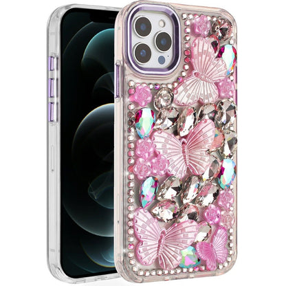 Phone Case for Apple iPhone 12 Pro Max Luxury 3D Floral Butterfly Bling Rhinestone Glitter Shockproof Stylish Protective Hybrid Designer Metallic Cover Purple
