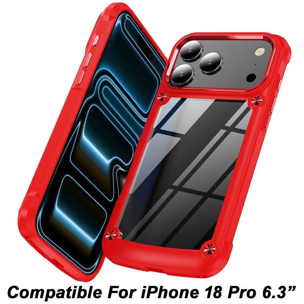 Phone Case for Apple iPhone 18 Pro Transparent Hybrid Metal Button Camera Edge Shockproof Bumper Frame TPU Protective Slim Grip Durable Cover
