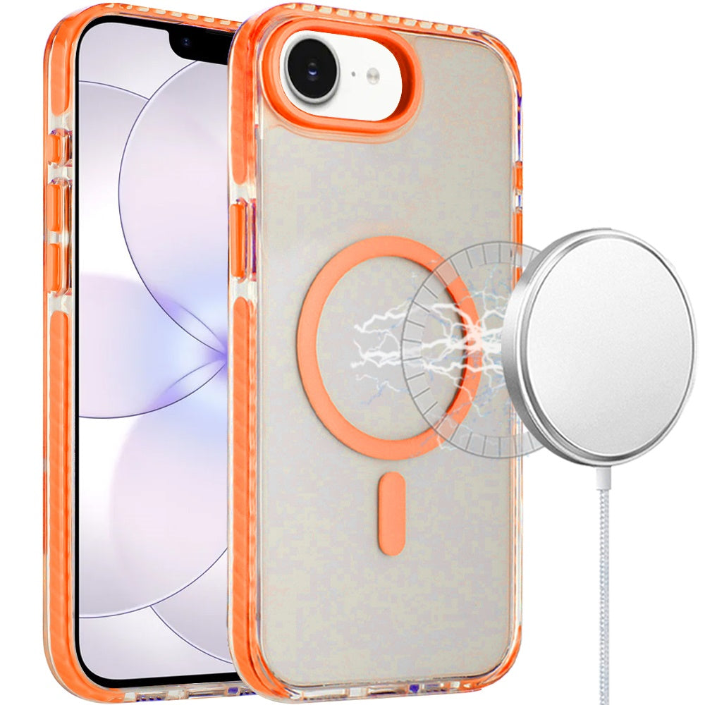 For Apple iPhone 17E /16E Transparent Hybrid with Color-Matched Magnetic Circle, Rubber TPU Frame Hard PC Shockproof Case Cover Cosmic Orange