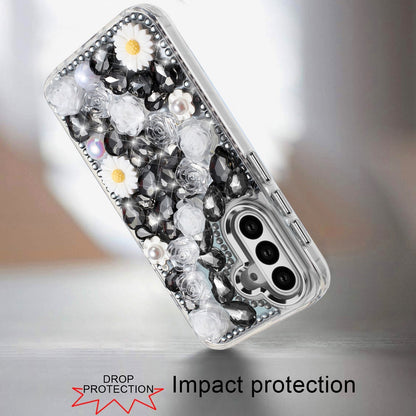 For Samsung Galaxy S25 Plus /S25+ /S24/Plus Fashion Daisy Floral Series, Full 3D Bling Crystal Diamonds Sparkling Rhinestone Glitter Hybrid Design Case Cover