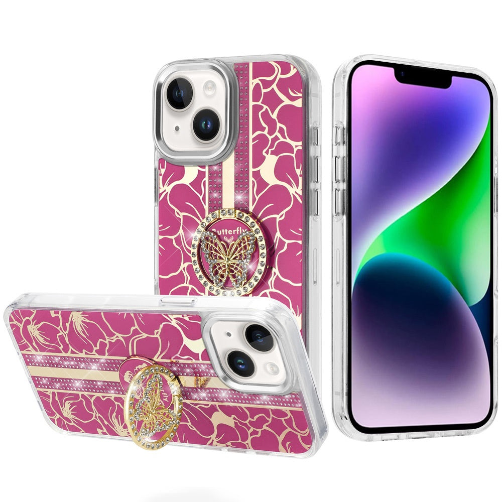 Phone Case for Apple iPhone 14/13 Floral Butterfly Ring Stand Glitter Bling Shockproof Hybrid Luxury Fashion Protective Anti Slip Durable Grip Cover Hotpink