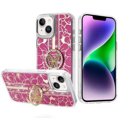 Phone Case for Apple iPhone 14/13 Floral Butterfly Ring Stand Glitter Bling Shockproof Hybrid Luxury Fashion Protective Anti Slip Durable Grip Cover Hotpink