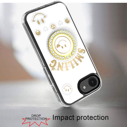 For Apple iPhone 17E /16E Smiling Glitter Bling Ornament Hybrid Shockproof Stylish Sparkle Design Secure Grip Durable Protection Case Cover White