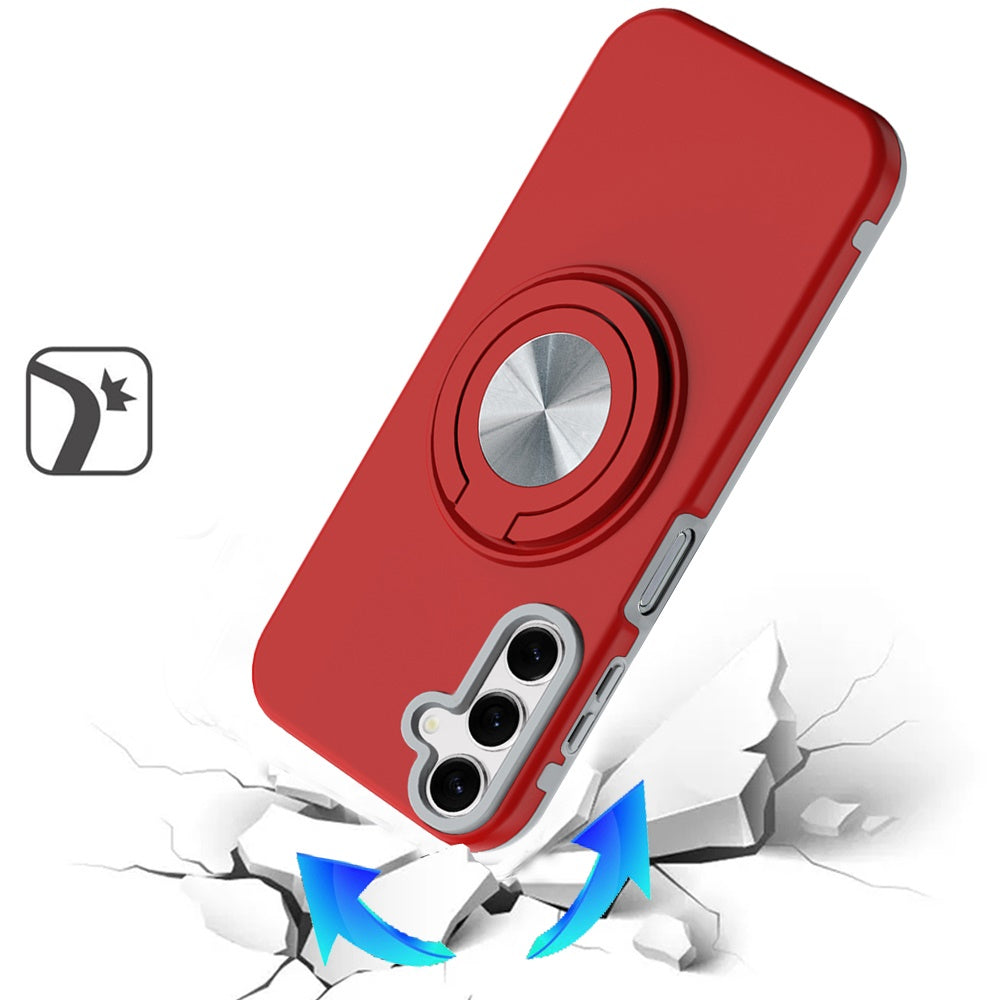 For Samsung Galaxy S25 Fan Edition /Galaxy S25 FE Metal Matte Hybrid with Invisible Rotational Ring Stand, Car Mount Friendly, Military Grade Slim Fit Sturdy Case Cover Red
