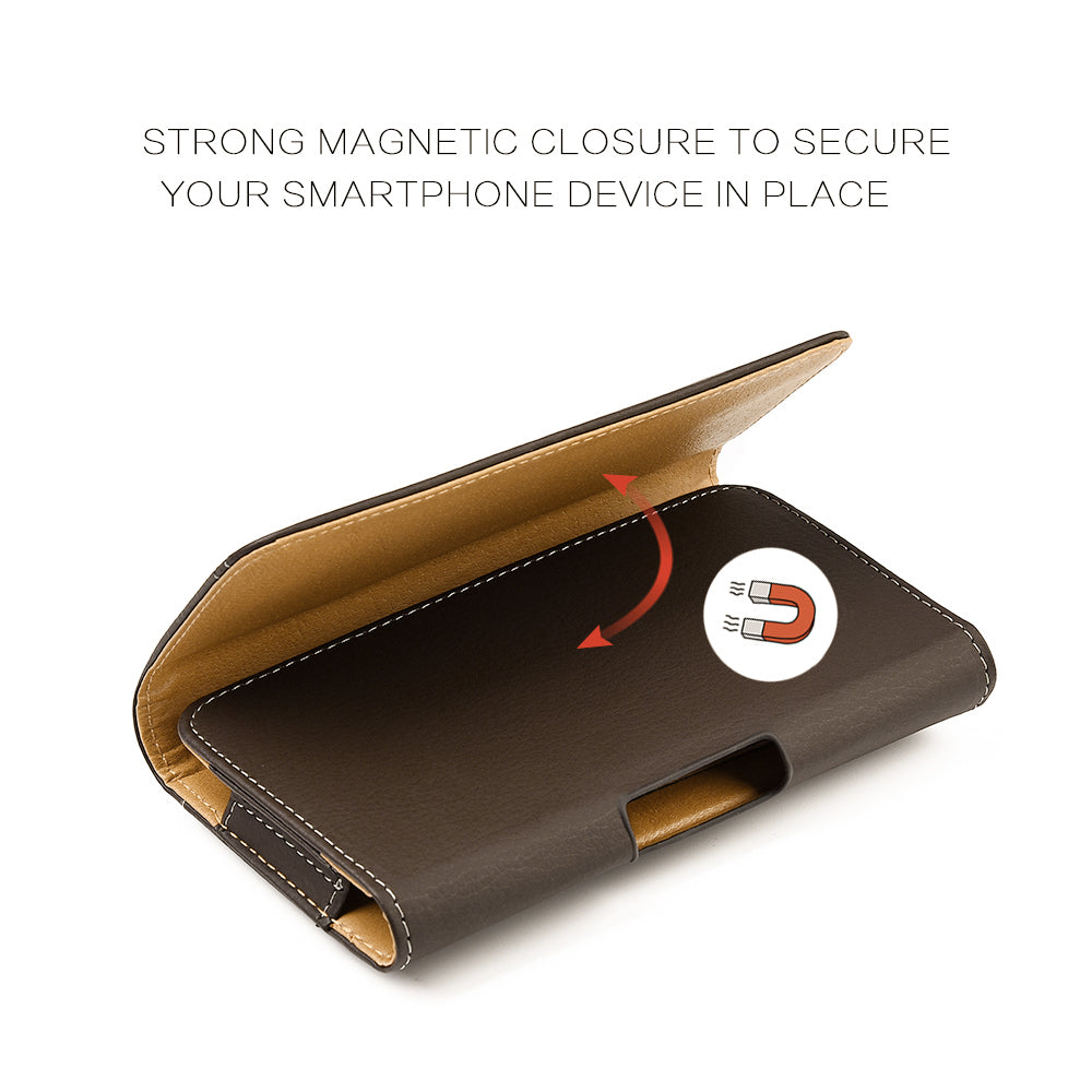 For Apple iPhone 16 Pro (6.3") Horizontal Universal Carry Pouch Cell Phone Case PU Leather Holster Belt Clip Loop Card Slot & Magnetic Closure [Brown]