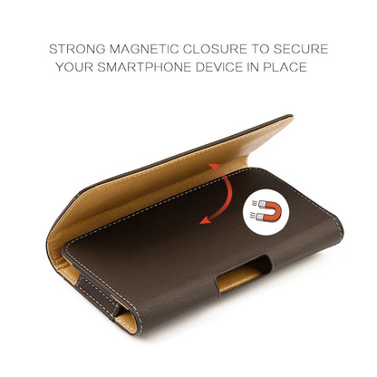 For Apple iPhone 16 Pro (6.3") Horizontal Universal Carry Pouch Cell Phone Case PU Leather Holster Belt Clip Loop Card Slot & Magnetic Closure [Brown]