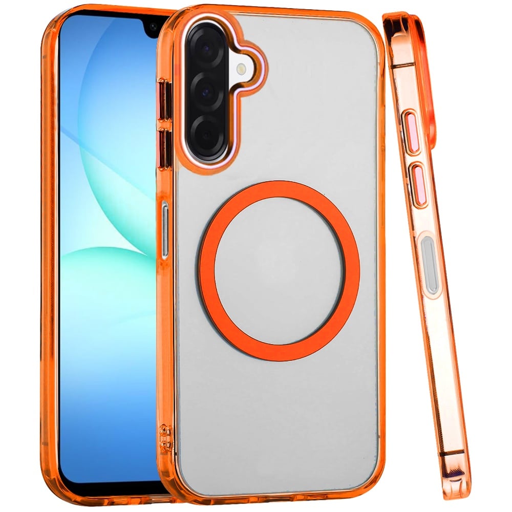 For Samsung Galaxy A17 5G Transparent Back Hybrid Case - Magnetic Circle, Color Frame, Metal Buttons, MagSafe Compatible Case Cover Rose Gold
