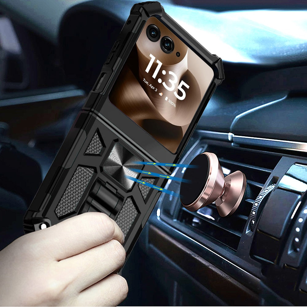 Phone Case for Motorola Razr+ PLUS 2024 Built in Magnetic Hiden Kickstand Shockproof Rugged Armor Grip Hybrid Heavy Duty Anti Slip Protective Style Cover