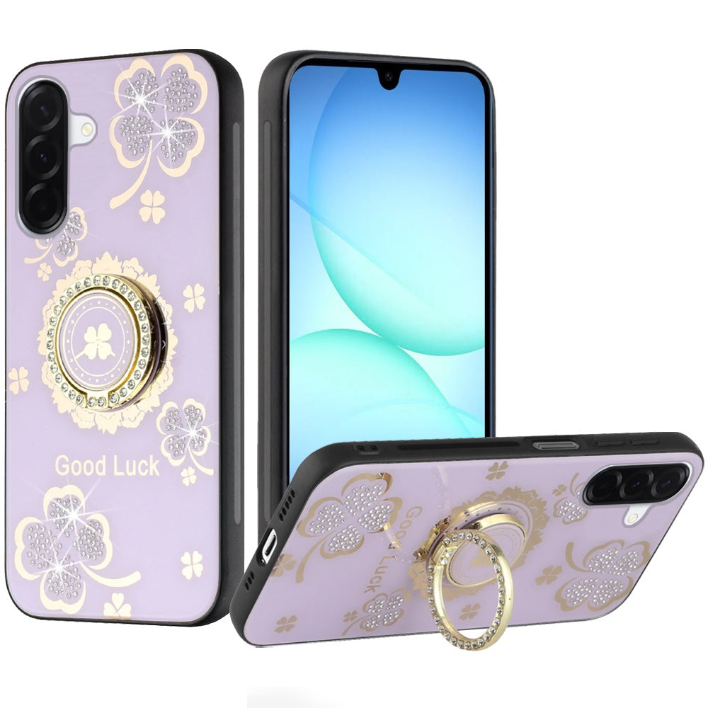 Phone Case for Galaxy A17 5G Diamond 3D Fashion Floral Glitter Engraved Luxury Bling Hybrid Shockproof Chrome Edge Protective Grip Cover Purple