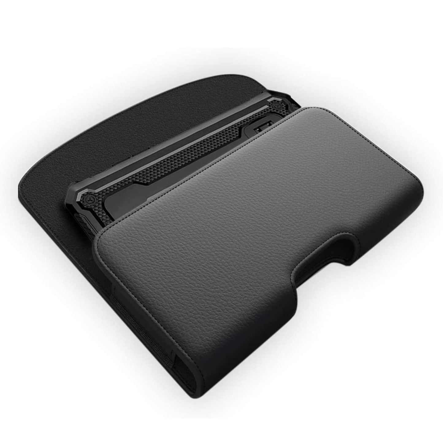 For Apple iPhone 16 Pro (6.3") Universal Leather Belt Holster Horizontal Pouch Phone Holder with Belt Loop / Clip Waistband (Large) Cover [Black]