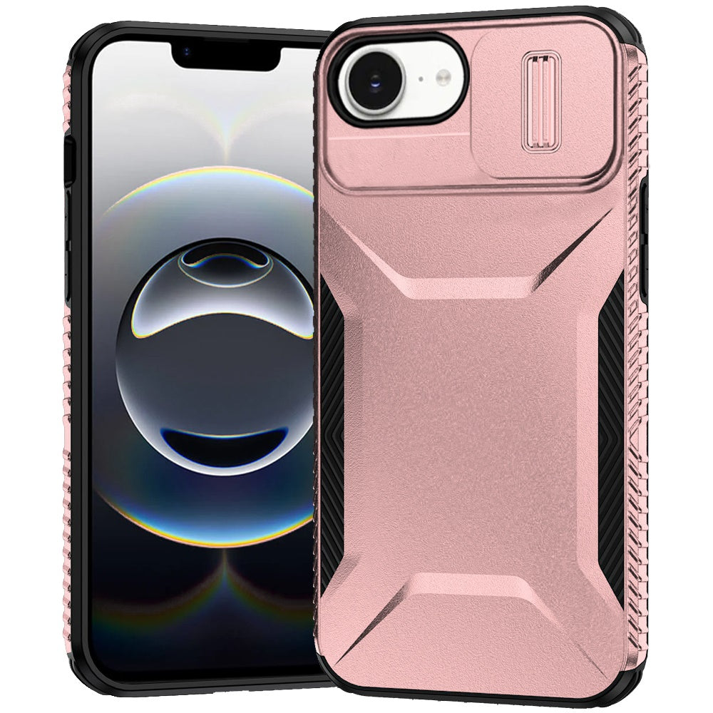 For Apple iPhone 16e Slim Fit Shockproof Hybrid with Slide Camera Window Covering, Rugged Tpu Silicone Hard PC Bumper Case Cover Rose gold