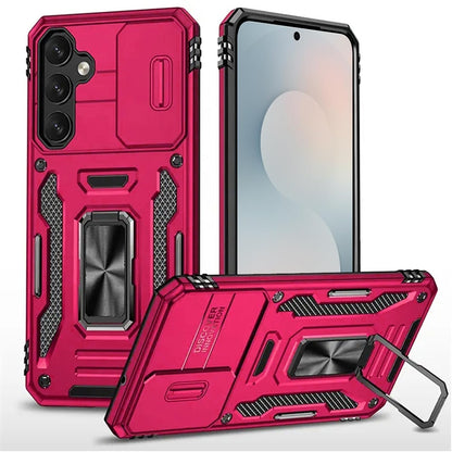 For Samsung Galaxy S25 FE, S25 Fan Edition Tough Hybrid Case with Movable Camera Window & Metal Ring Stand Shockproof Case Cover Dark Purple