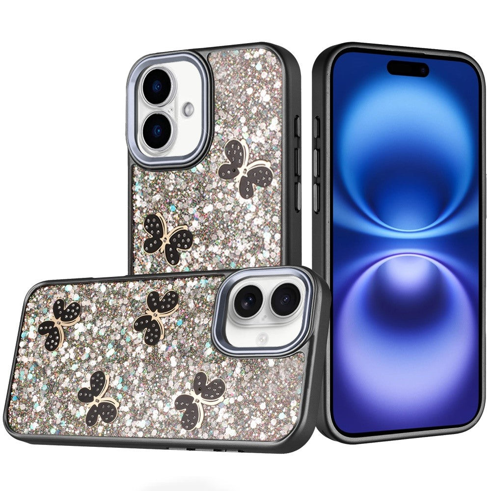 For Apple iPhone 17 (6.3") Cute Butterfly Crystal Diamond Glitter Case Sparkle Bling Frame Metallic Edges, Shimmer TPU Hybrid Case Cover