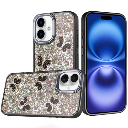 For Apple iPhone 17 (6.3") Cute Butterfly Crystal Diamond Glitter Case Sparkle Bling Frame Metallic Edges, Shimmer TPU Hybrid Case Cover