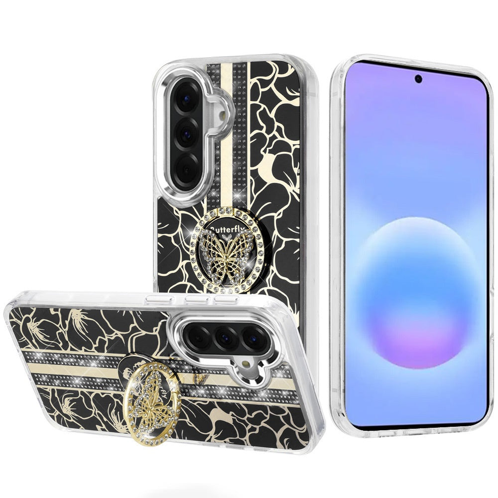Phone Case for Samsung Galaxy A57 Floral Butterfly Ring Stand Glitter Bling Shockproof Hybrid Luxury Fashion Protective Anti Slip Durable Grip Cover