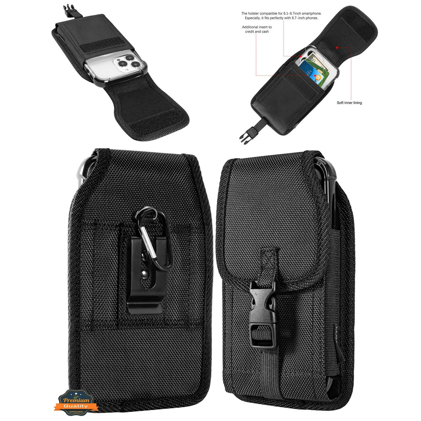 For Apple iPhone 16 Plus (6.7") Universal Pouch Case Vertical Phone Holster Nylon Cover with Front Buckle, Belt Clip Loop & Hook Carabiner [Black]