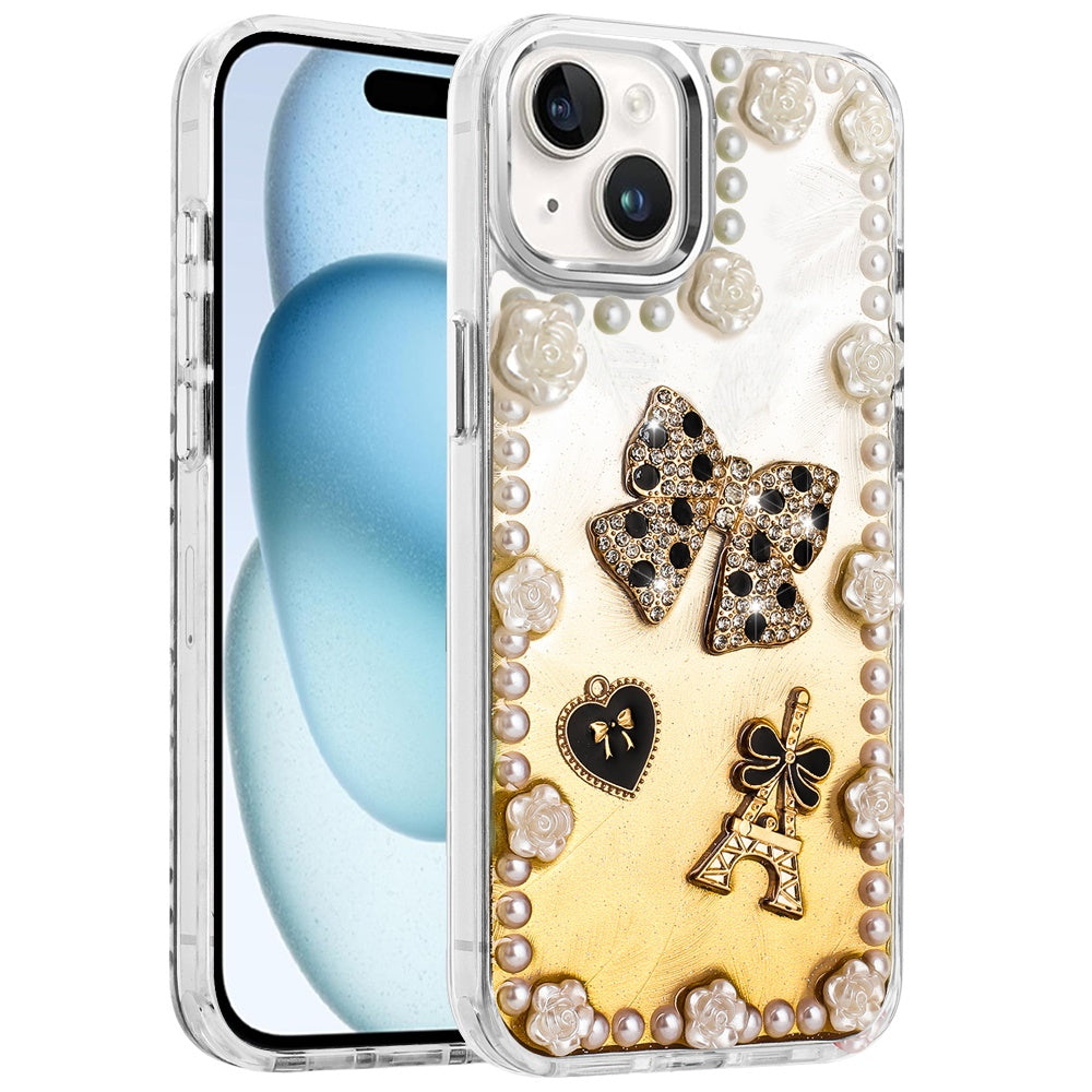 For Apple iPhone 15 Bling Fashion Design with 3D Pearls Epoxy Glitter Ornaments Chrome Edge Hard Slim PC Case Cover