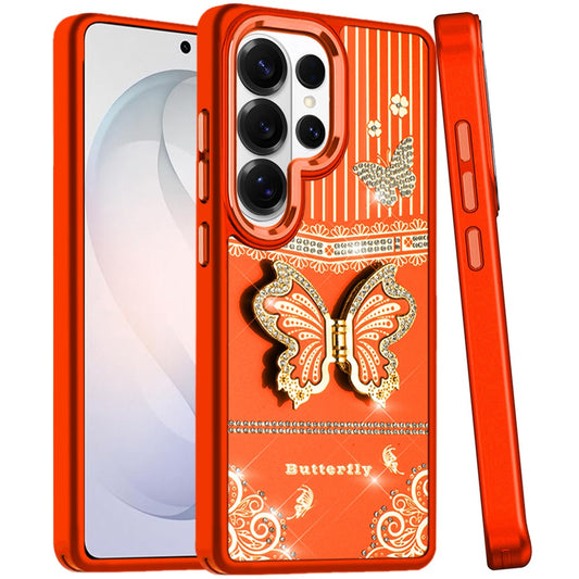 Phone Case for Samsung Galaxy S26 Ultra Glitter Bling Butterfly Stand Metallic Edge Hybrid Shockproof Grip Durable Camera Protection Stylish Design Cover Cosmic Orange