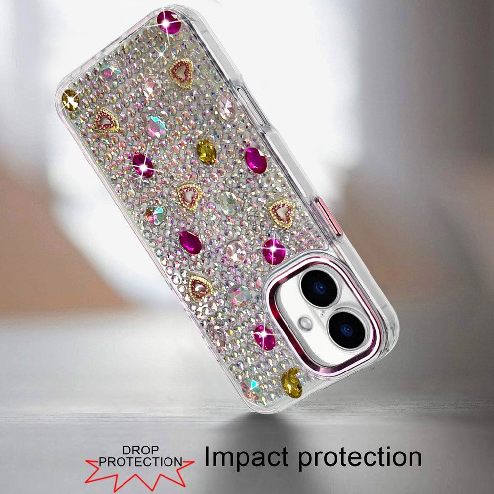 Phone Case for Apple iPhone 16 Chrome Fashion Hybrid Bling Diamond Heart Rhinestone Decorative Stones Sparkling Embellished Design Cover Pink