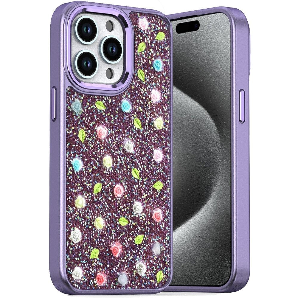 For Apple iPhone 14 /13 Floral Design Embedded Glass Diamond Fancy Fashion Glitter Bling Sparkly Hybrid Rugged TPU Bumper Case Cover