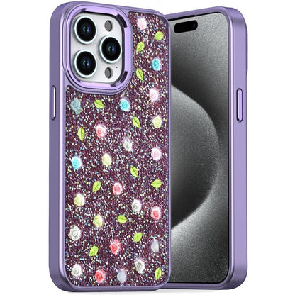 For Apple iPhone 16 Plus (6.7") Floral Design Embedded Glass Diamond Fancy Fashion Glitter Bling Sparkly Hybrid Rugged TPU Bumper Case Cover