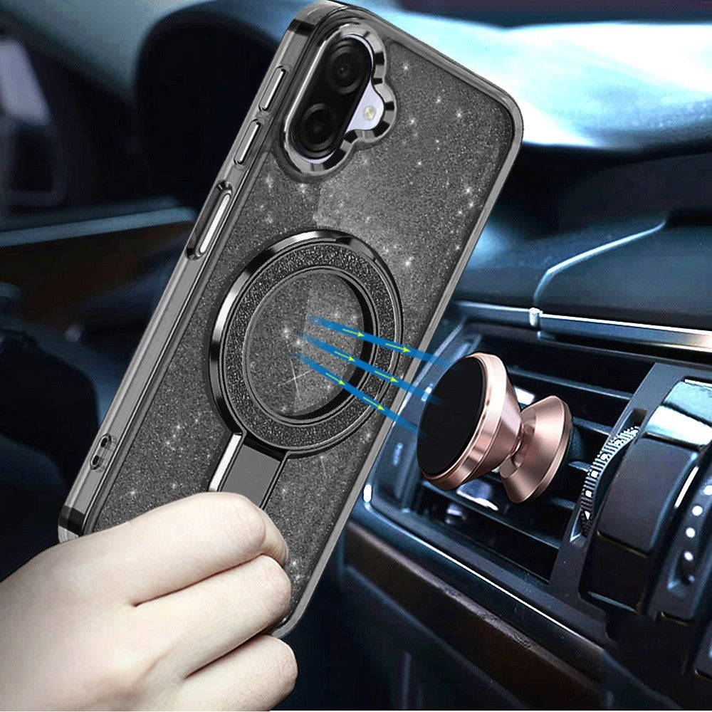 Phone Case for Samsung Galaxy A08 4G, A07 5G, A07 4G Transparent Glitter Bling Magnetic Ring Stand Shockproof Anti Slip Rotating Grip Protective Hybrid Durable Armor Cover