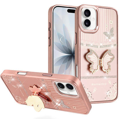 For Apple iPhone 17 (6.3") Glitter 3D Butterfly Design Bling Metallic Edge Hybrid Stand Drop Protection TPU Shockproof Case Cover