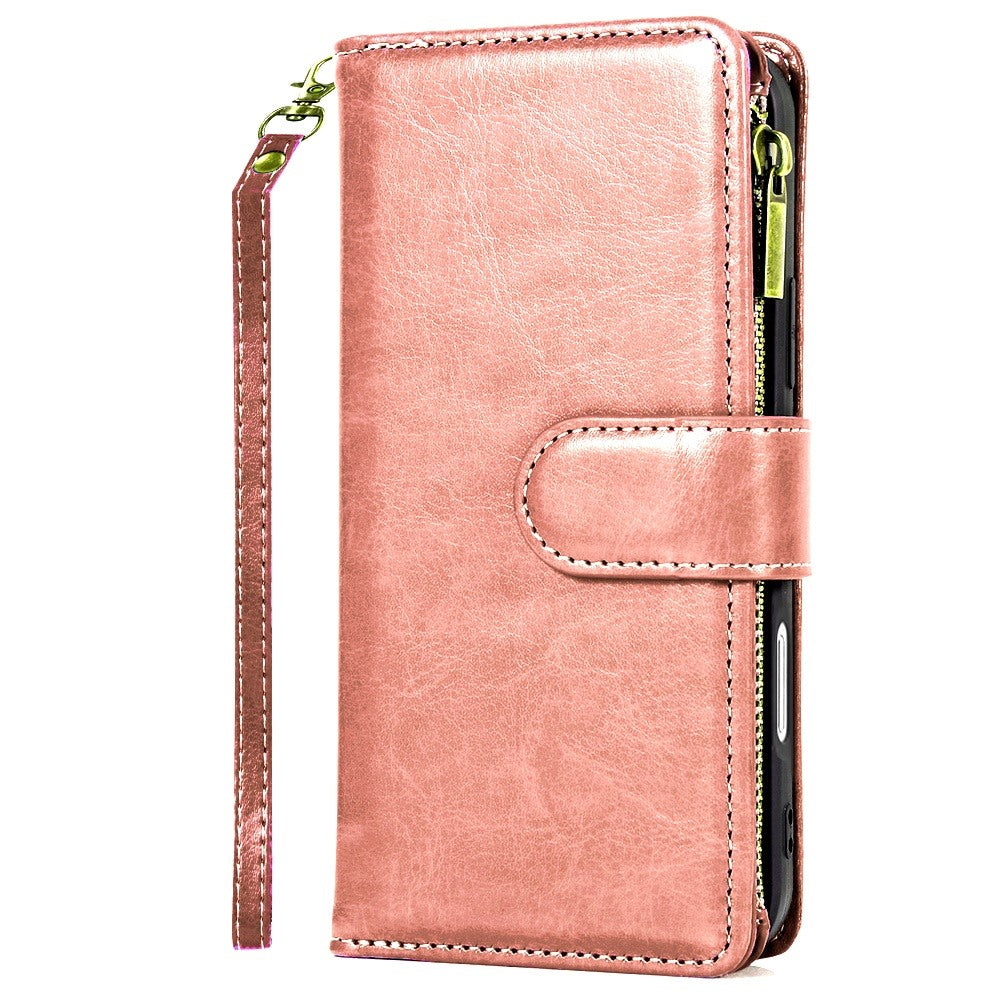 For Samsung Galaxy S25 /S24 Leather Wallet Case with Zipper, 9 Card Slots, Cash Pocket, Stand & Strap, Clutch Pouch Design Case Cover Rose Gold