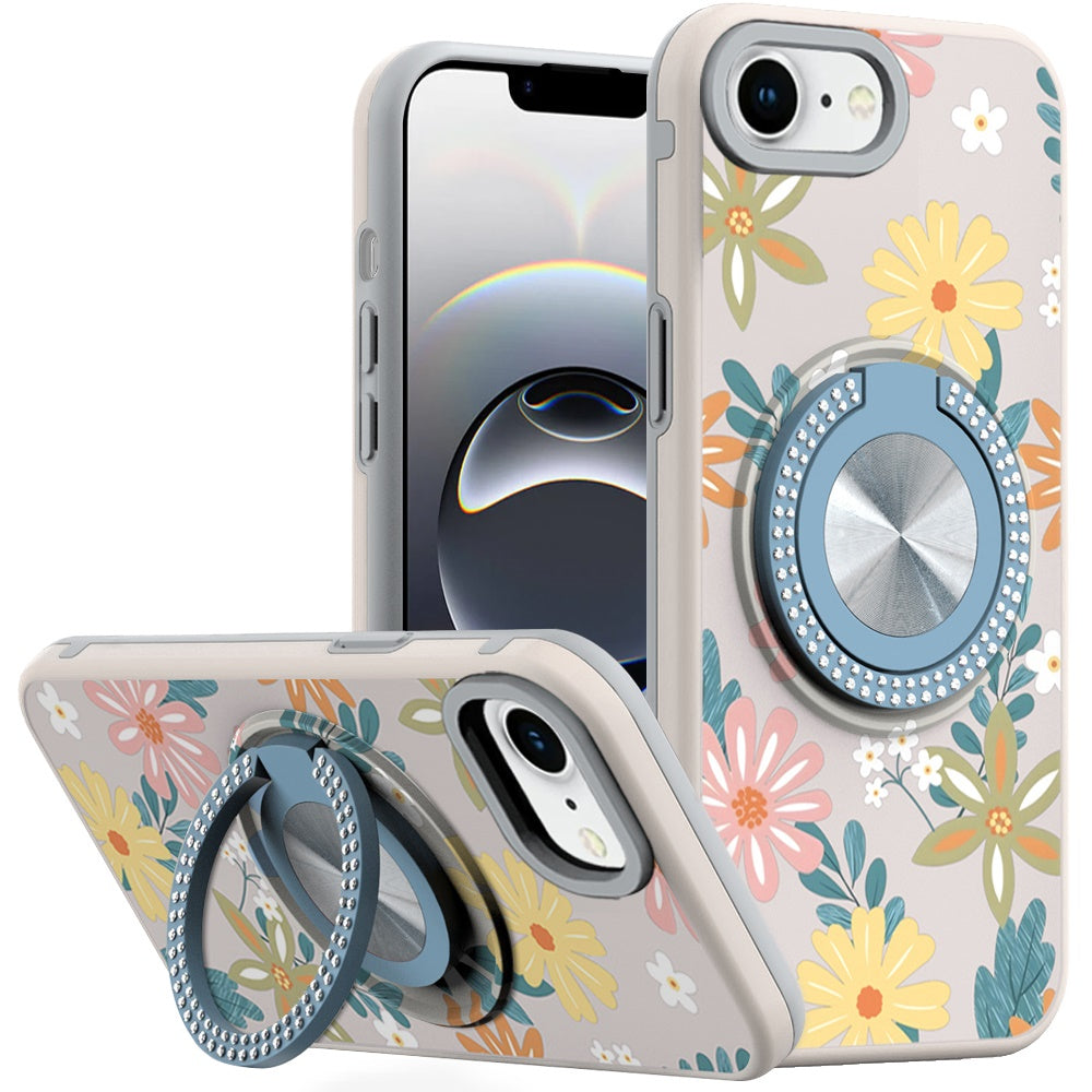 For Apple iPhone 16e Pattern Design Hybrid with Invisible Ring Stand & Magnetic Back, Shockproof Protective Grip Case Cover