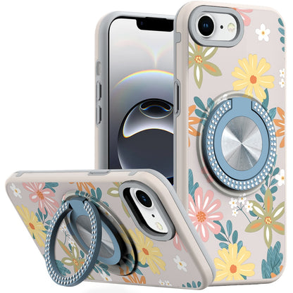 For Apple iPhone 16e Pattern Design Hybrid with Invisible Ring Stand & Magnetic Back, Shockproof Protective Grip Case Cover