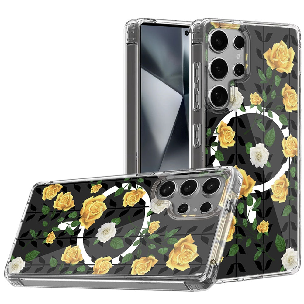 For Samsung Galaxy S25 Ultra Hybrid Flower Design Stylish Fashion Case, MagSafe Compatible, Thick Shockproof Hard PC Case Cover