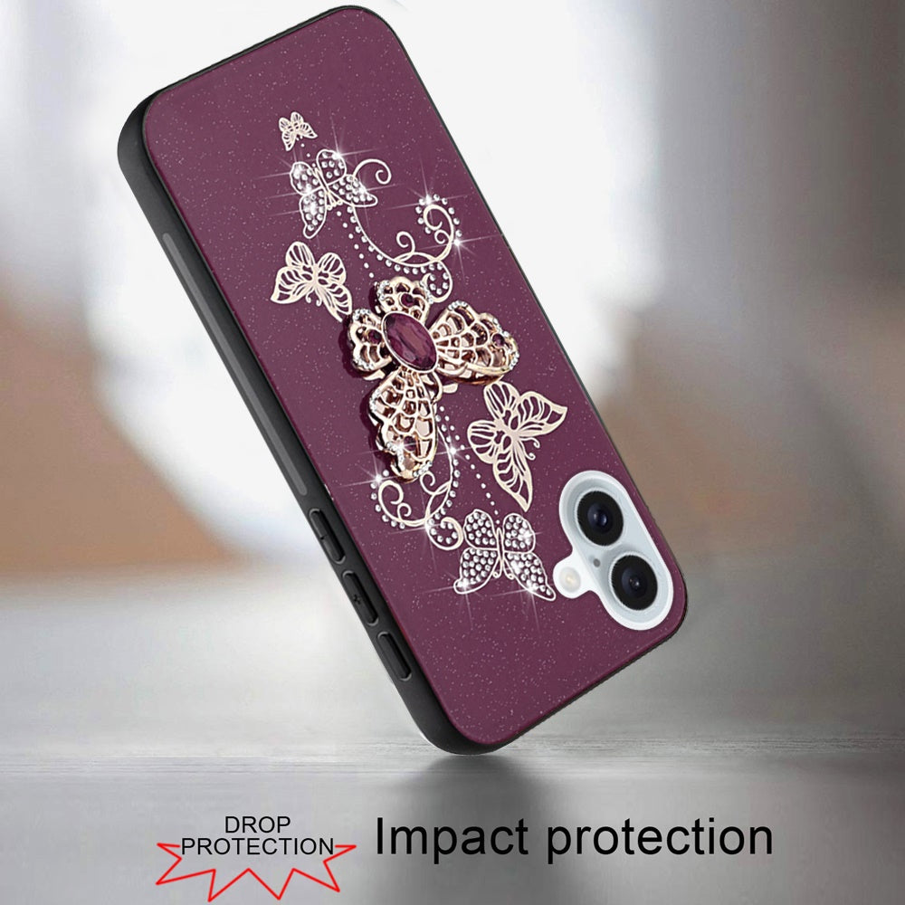 Phone Case for Apple iPhone 16 Diamond Glitter 3D Butterfly Engraved Luxury Bling Hybrid Shockproof Chrome Edge Protective Durable Grip Cover Purple