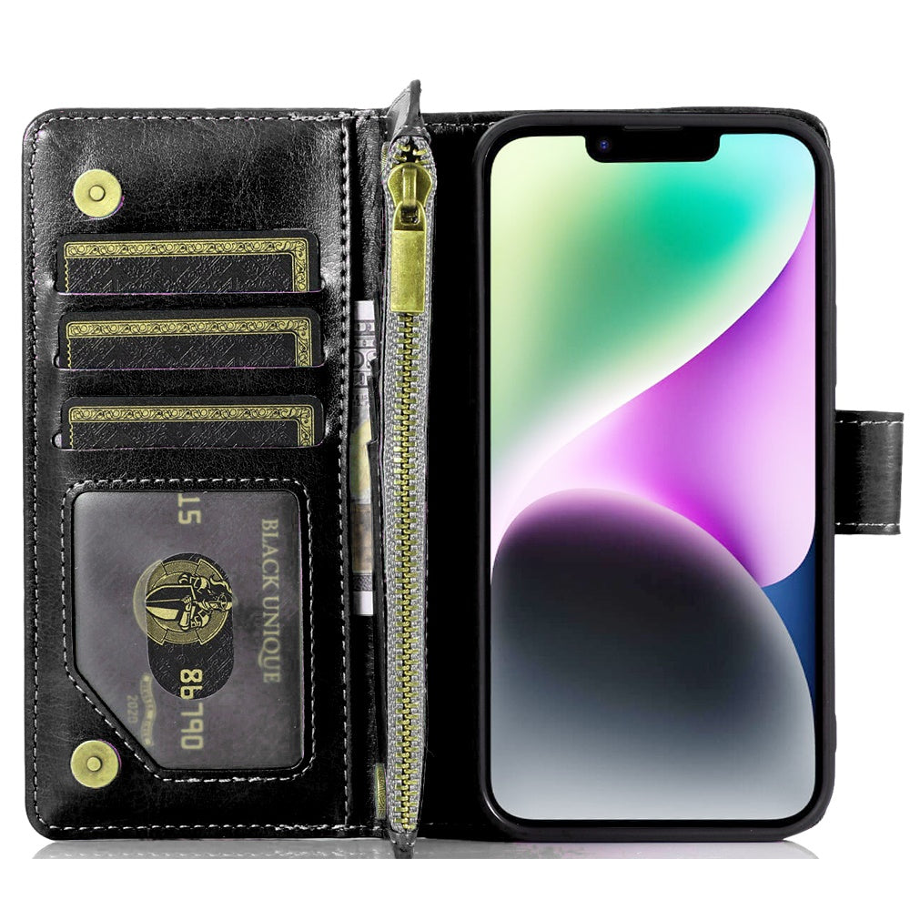 For Apple iPhone 17E /16E Leather Wallet Case with Zipper, 9 Card Slots, Cash Pocket, Stand & Strap, Clutch Pouch Design Case Cover Black