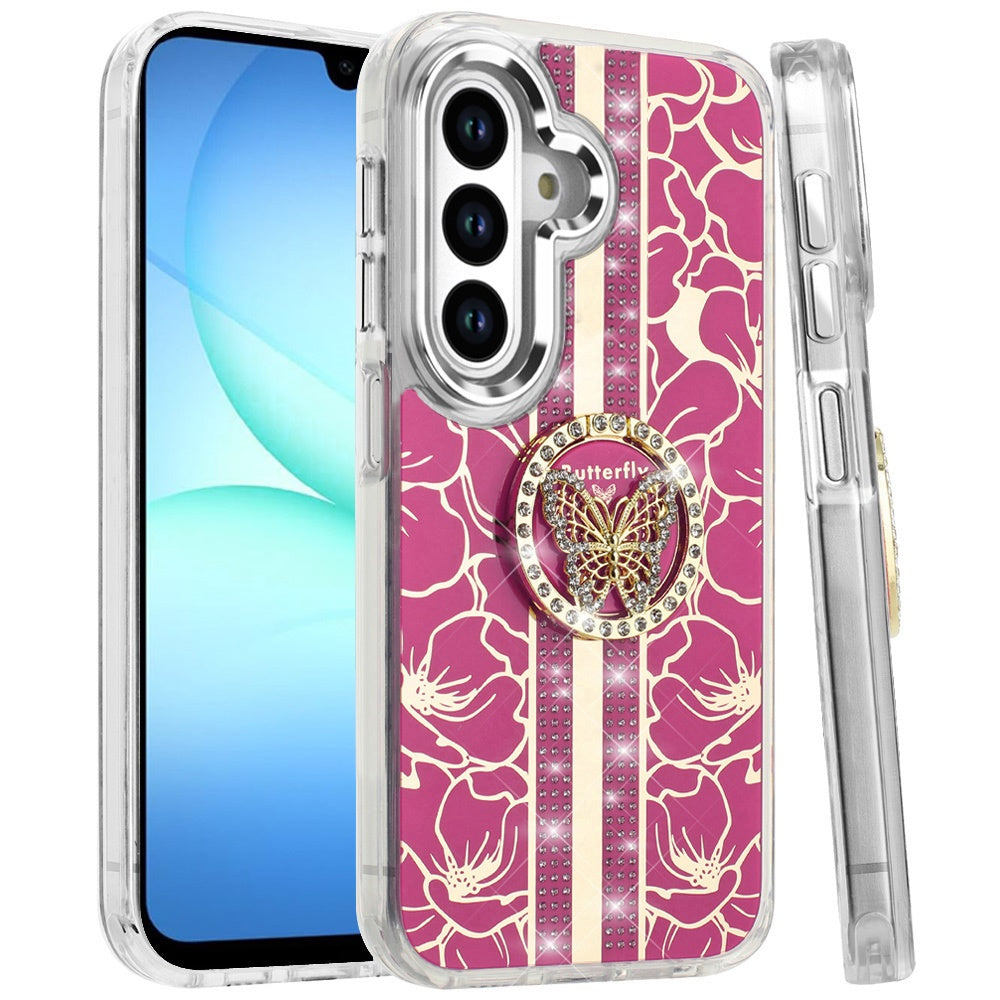 For Samsung Galaxy S25 Fan Edition /Galaxy S25 FE Diamonds 3D Butterfly Floral Design Bling Sparkly Glitter Hybrid Metal Fashion with Ring Stand Case Cover