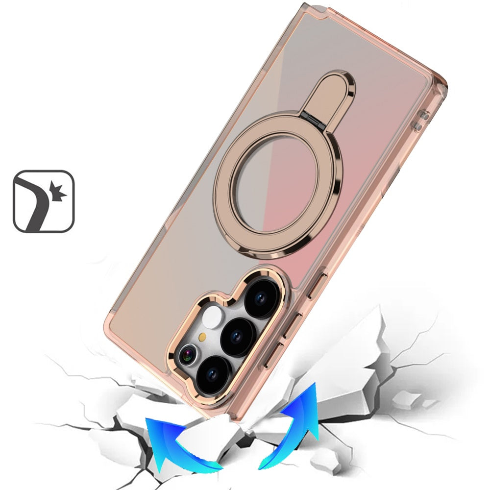 For Samsung Galaxy S25 Ultra Chrome Hybrid with Rotating Magnetic Circle Ring Stand, Slim Shockproof Hybrid Case Cover