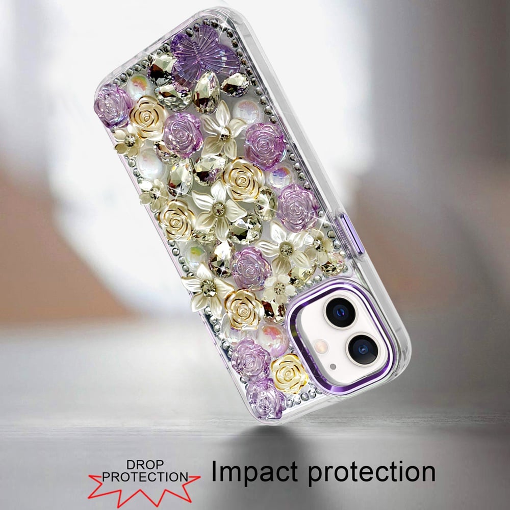 For iPhone 12 / iPhone 12 Pro (6.1") 3D Diamond Floral Roses Flower Bling Stone Hybrid, Sparkly Rhinestone Gemstone Back Shockproof Case Cover Green