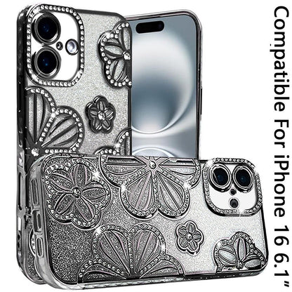 For iPhone 16 (6.1") Luxury Flower Design Sparkle Glitter Diamond Rhinestone Shimmer Bling Plating Thick TPU Hard PC Case Cover