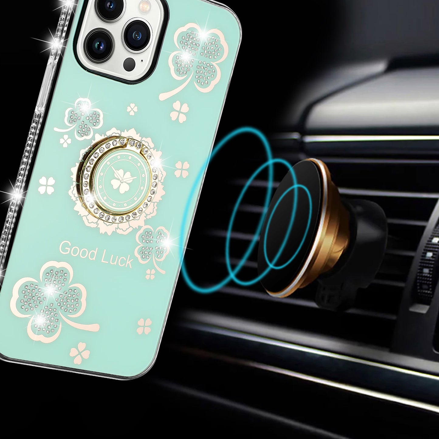 For Samsung Galaxy S25 Fan Edition /Galaxy S25 FE Diamonds Bling All Around Edges Sparkly Glitter Hybrid with Ring Stand Holder Fashion Good Luck Case Cover Teal