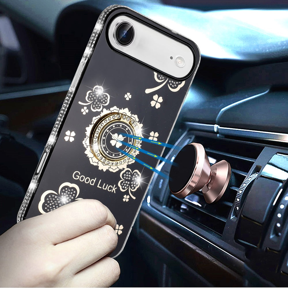 For Apple iPhone 17 Air (6.6") Diamonds Bling All Around Edges Sparkly Glitter Hybrid with Ring Stand Holder Fashion Good Luck Case Cover