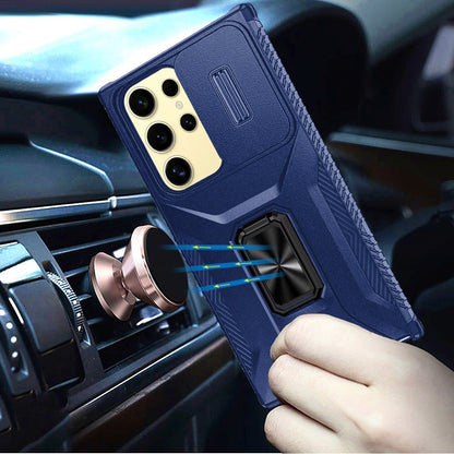 For Samsung Galaxy S23 Ultra Camera Cover Phone Case with Magnetic Rotation Ring Stand [Military Grade] Hybrid Hard TPU Shockproof Case Cover Blue