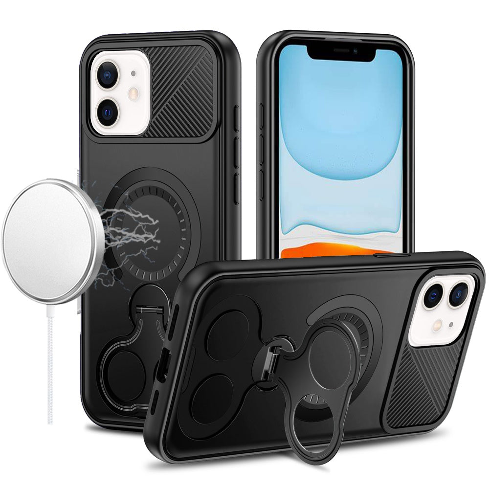 For Apple iPhone 11 Hybrid with Invisible 2 Hole Ring Stand Magnetic back Car Mount Friendly Protector Case Cover Black