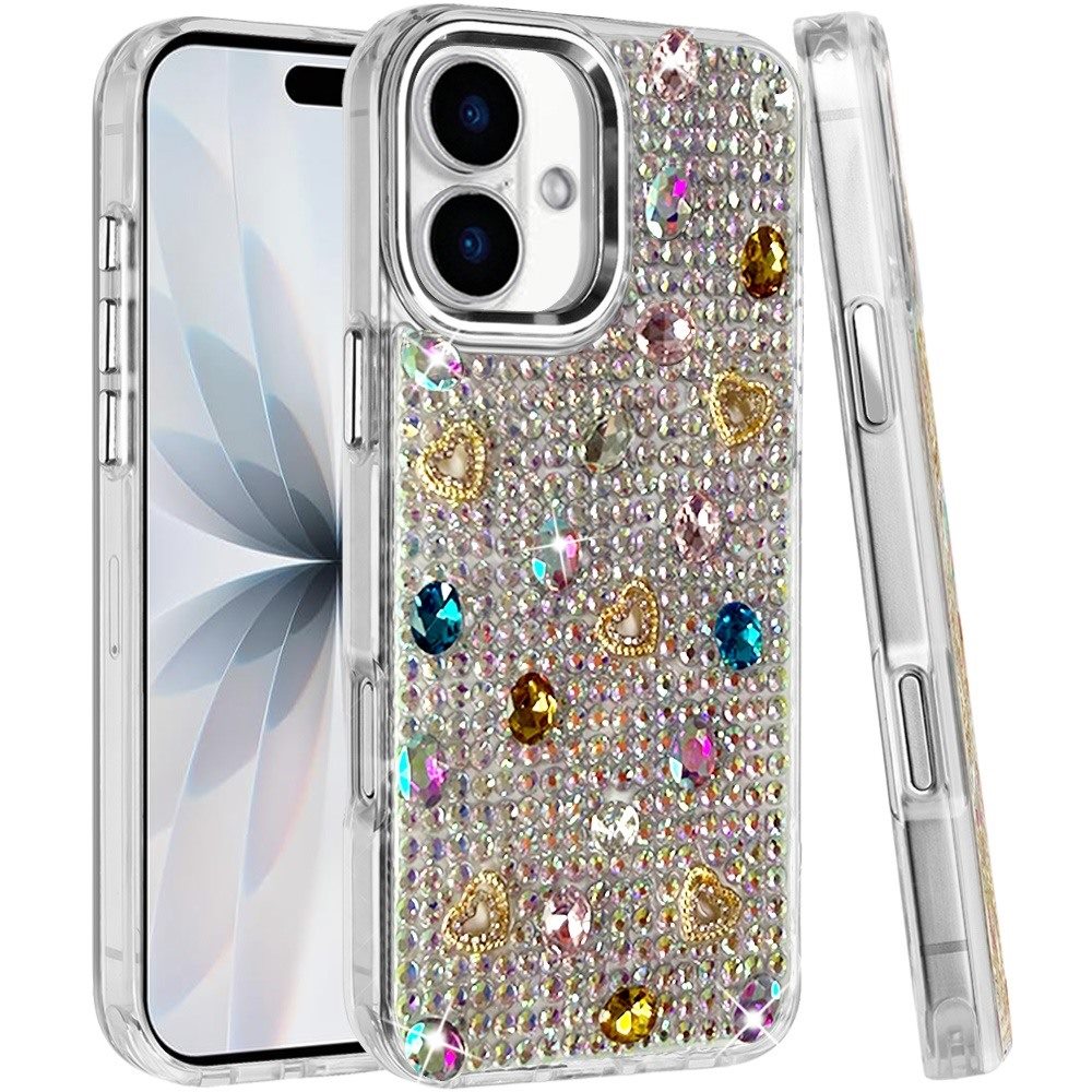 Phone Case for Apple iPhone 18 Chrome Fashion Hybrid Bling Diamond Heart Rhinestone Decorative Stones Sparkling Embellished Design Cover