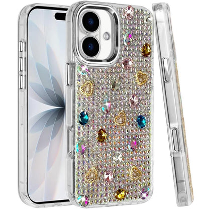 Phone Case for Apple iPhone 18 Chrome Fashion Hybrid Bling Diamond Heart Rhinestone Decorative Stones Sparkling Embellished Design Cover