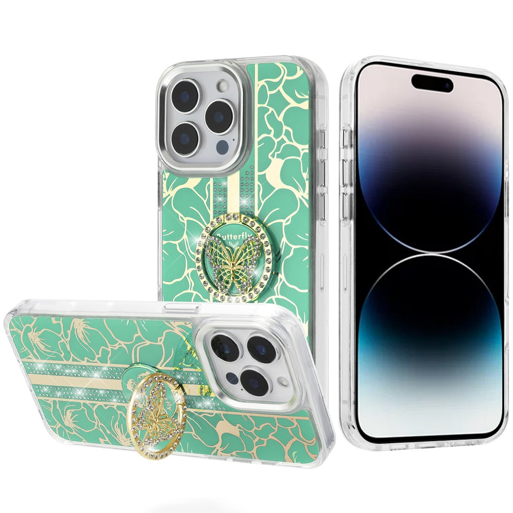 For Motorola Moto G 5G /Moto G 2025 Diamonds 3D Butterfly Floral Design Bling Sparkly Glitter Hybrid Metal Fashion with Ring Stand Case Cover