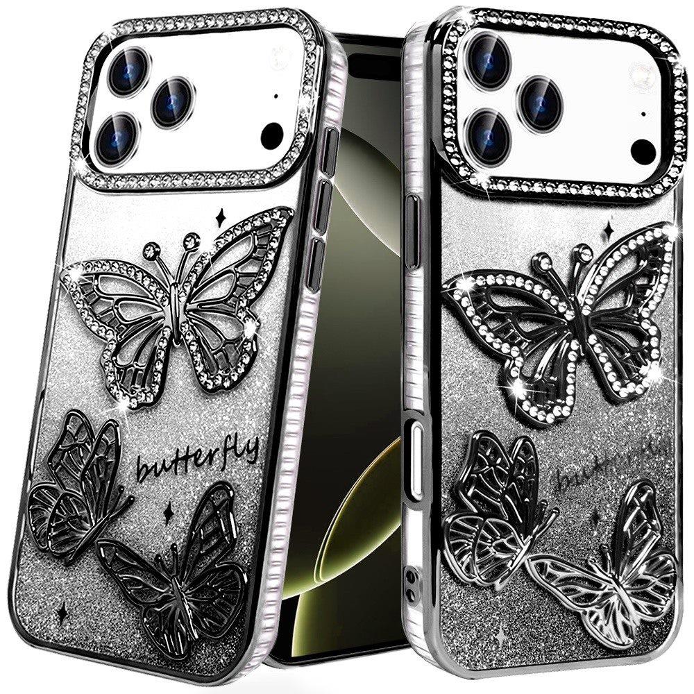 Phone Case for Apple iPhone 17 Pro Max (6.9") Butterfly Freedom Shimmer Glitter Thick TPU Shockproof Anti Slip Durable Protective Design Cover